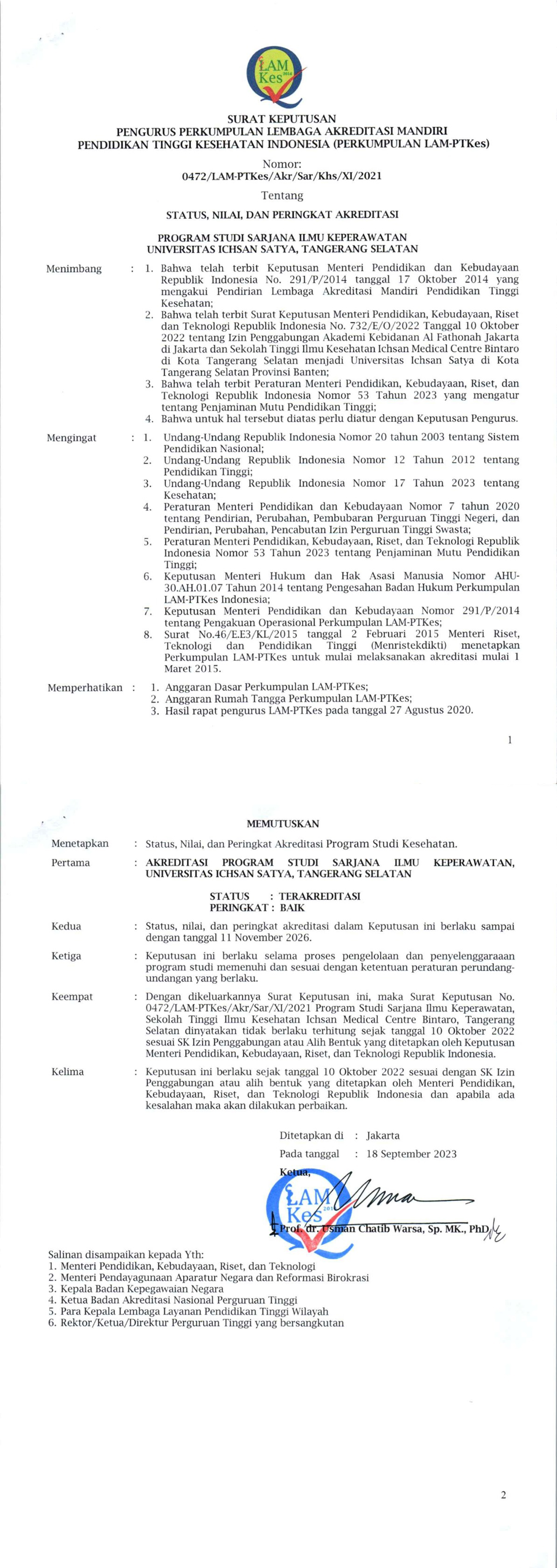 SK Akreditasi Sarjana Ilmu Keperawatan